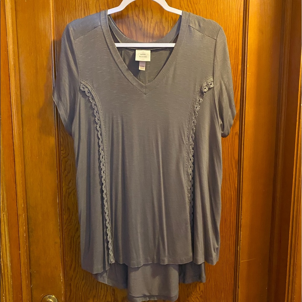 Knox Rose, grey V-Neck, high low hem, lace and lace up back. XXL